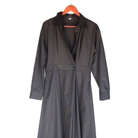 Bespoke Women's Medium Black Shirt Dress Pleated Cotton Pockets Tailored Midi - Picture 5 of 6
